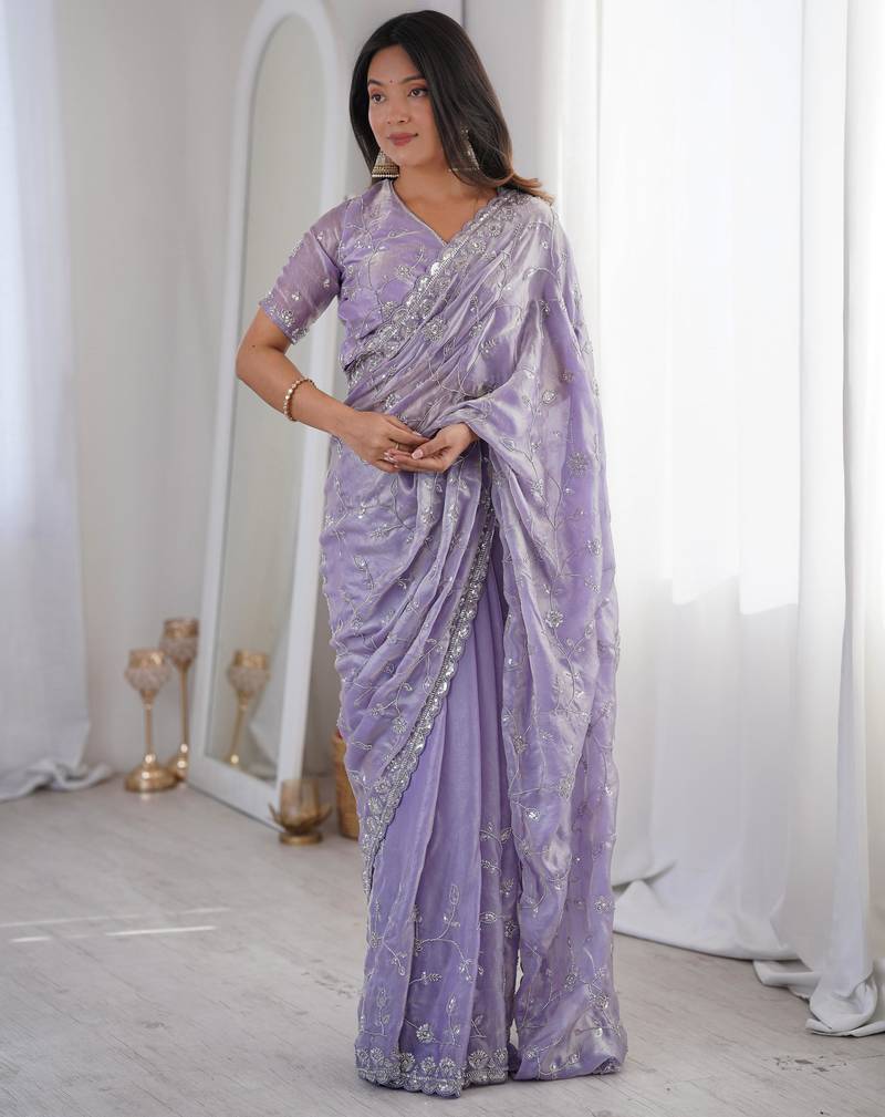Lavender premium two tone fandy silk saree with heavy beads & moti work