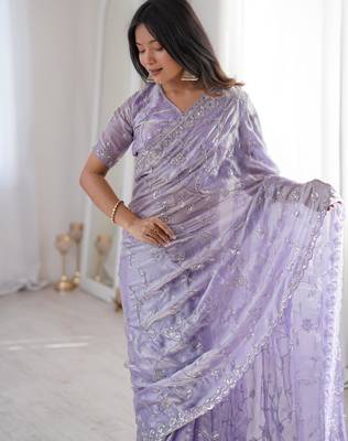 Lavender  two tone fandy silk saree with heavy beads & moti work 2