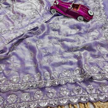 Lavender  two tone fandy silk saree with heavy beads & moti work 3