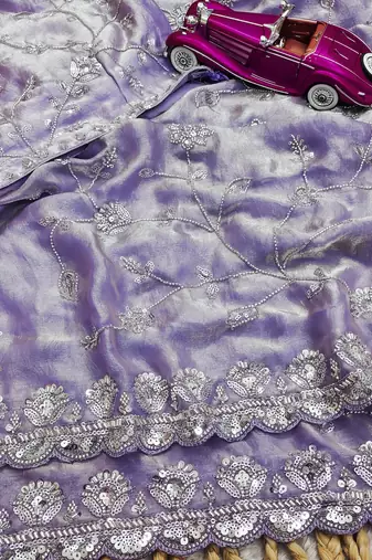 Lavender premium two tone fandy silk saree with heavy beads & moti work