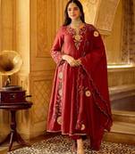red chanderi silk blend embroidered kurta set with dupatta