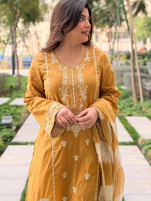 yellow roman silk blend sequins kurta set with dupatta 2