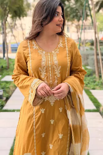 yellow roman silk blend sequins kurta set with dupatta