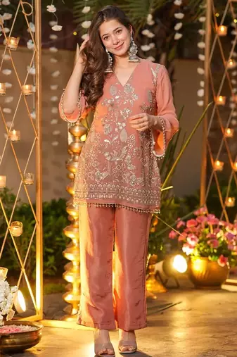 peach silk blend sequins beads embroidered kurta pant set