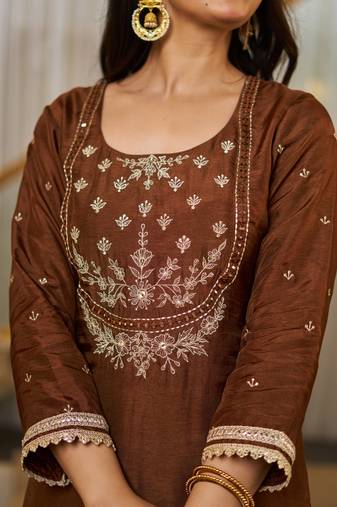 brown vichitra silk blend sequins kurta set with dupatta