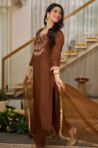 brown vichitra silk blend sequins kurta set with dupatta