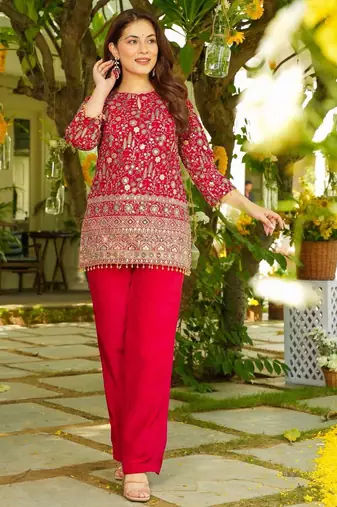 red crepe silk blend sequins beads kurta set