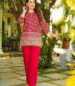 red crepe silk blend sequins beads kurta set