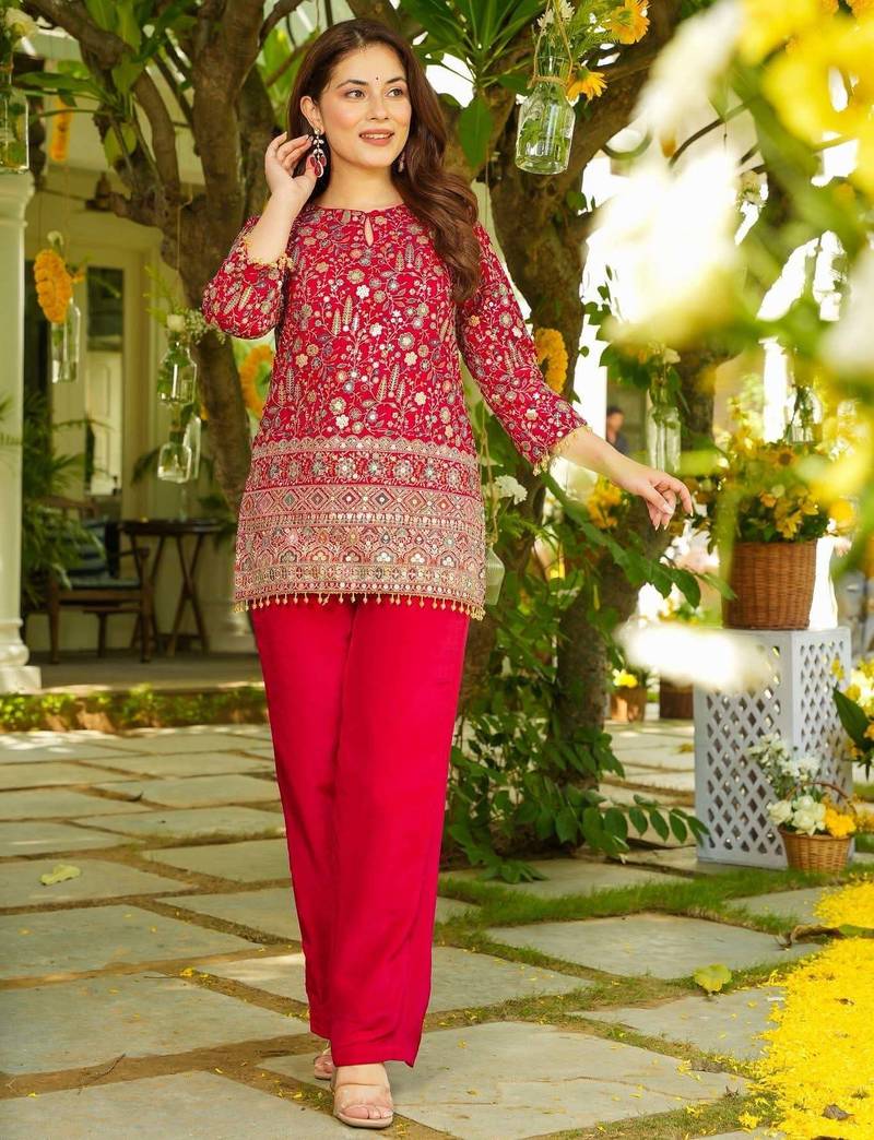red crepe silk blend sequins beads kurta set