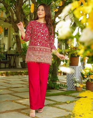 red crepe silk blend sequins beads kurta set 2