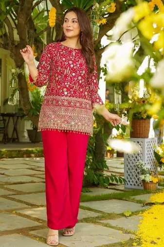 red crepe silk blend sequins beads kurta set