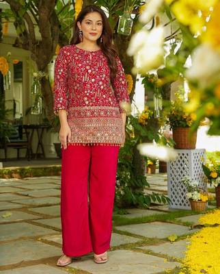 red crepe silk blend sequins beads kurta set 3