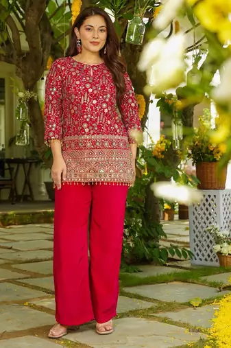 red crepe silk blend sequins beads kurta set