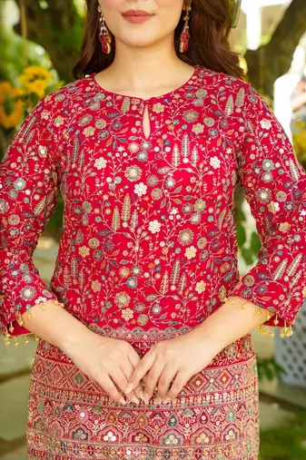 red crepe silk blend sequins beads kurta set