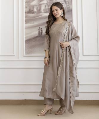 cream vichitra silk blend sequins embroidered kurta set with dupatta 2
