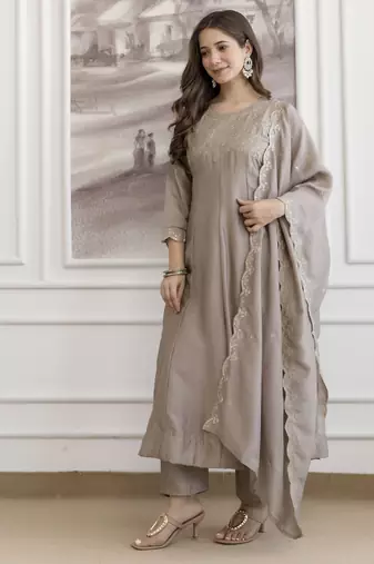 cream vichitra silk blend sequins embroidered kurta set with dupatta