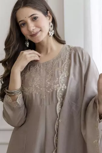 cream vichitra silk blend sequins embroidered kurta set with dupatta