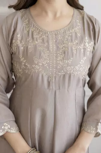 cream vichitra silk blend sequins embroidered kurta set with dupatta