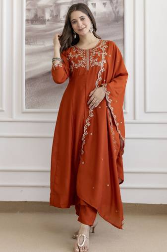 orange vichitra silk blend sequins embroidered kurta set with dupatta