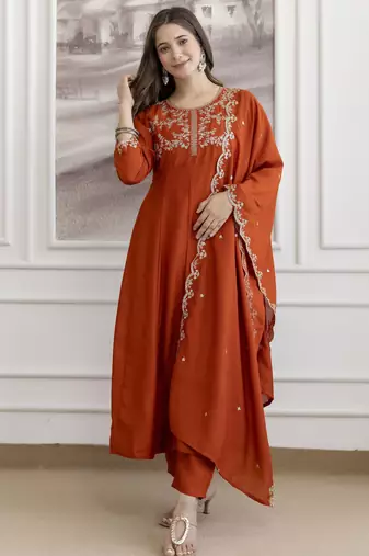 orange vichitra silk blend sequins embroidered kurta set with dupatta