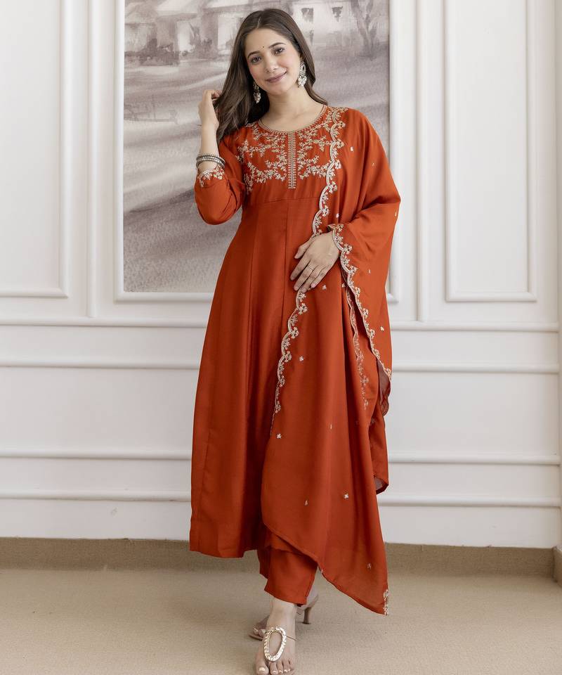 orange vichitra silk blend sequins embroidered kurta set with dupatta