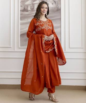 orange vichitra silk blend sequins embroidered kurta set with dupatta 2