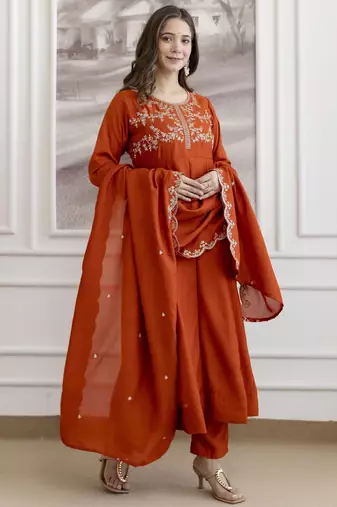 orange vichitra silk blend sequins embroidered kurta set with dupatta