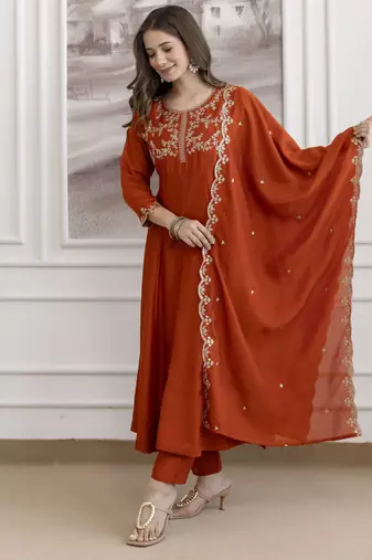 orange vichitra silk blend sequins embroidered kurta set with dupatta