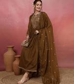 mehendi green chanderi silk blend sequins embroidered kurta set with dupatta