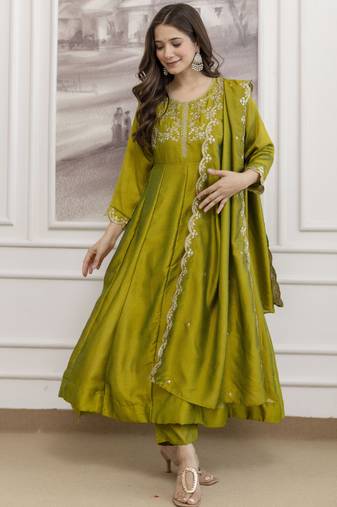 parrot green vichitra silk blend sequins embroidered kurta set with dupatta