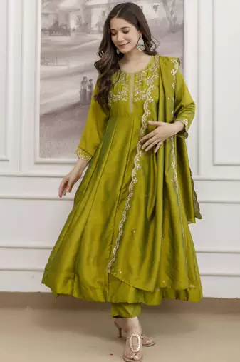 parrot green vichitra silk blend sequins embroidered kurta set with dupatta