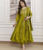 parrot green vichitra silk blend sequins embroidered kurta set with dupatta