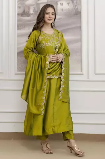 parrot green vichitra silk blend sequins embroidered kurta set with dupatta