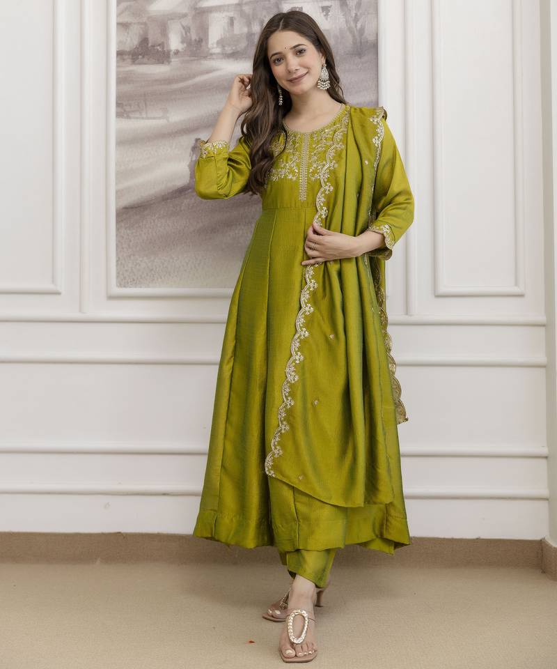 parrot green vichitra silk blend sequins embroidered kurta set with dupatta