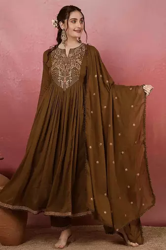 mehendi green chanderi silk blend sequins embroidered kurta set with dupatta