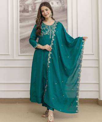 mint green vichitra silk blend sequins embroidered kurta set with dupatta 1