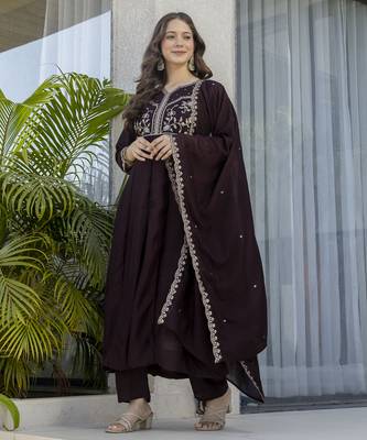 brown vichitra silk blend sequins embroidered kurta set with dupatta 1