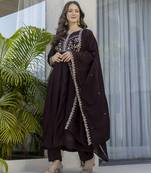 brown vichitra silk blend sequins embroidered kurta set with dupatta