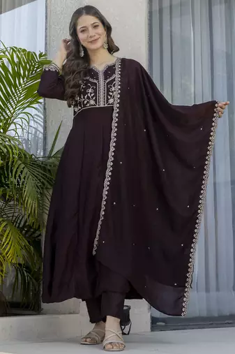 brown vichitra silk blend sequins embroidered kurta set with dupatta