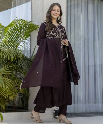 brown vichitra silk blend sequins embroidered kurta set with dupatta 3
