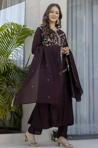 brown vichitra silk blend sequins embroidered kurta set with dupatta