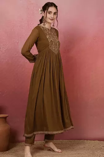 mehendi green chanderi silk blend sequins embroidered kurta set with dupatta