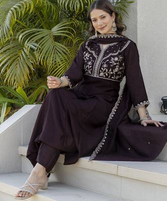 brown vichitra silk blend sequins embroidered kurta set with dupatta 4