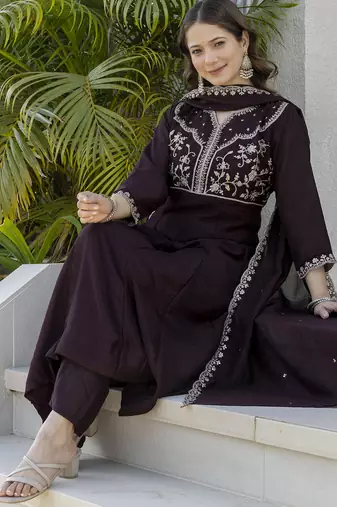 brown vichitra silk blend sequins embroidered kurta set with dupatta