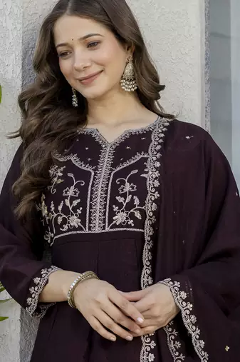 brown vichitra silk blend sequins embroidered kurta set with dupatta