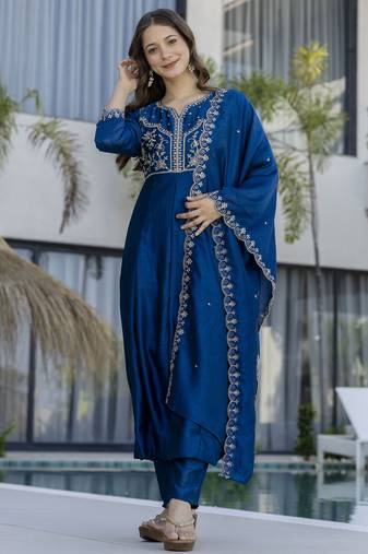 Teal blue vichitra silk blend sequins embroidered kurta set with dupatta