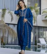 Teal blue vichitra silk blend sequins embroidered kurta set with dupatta
