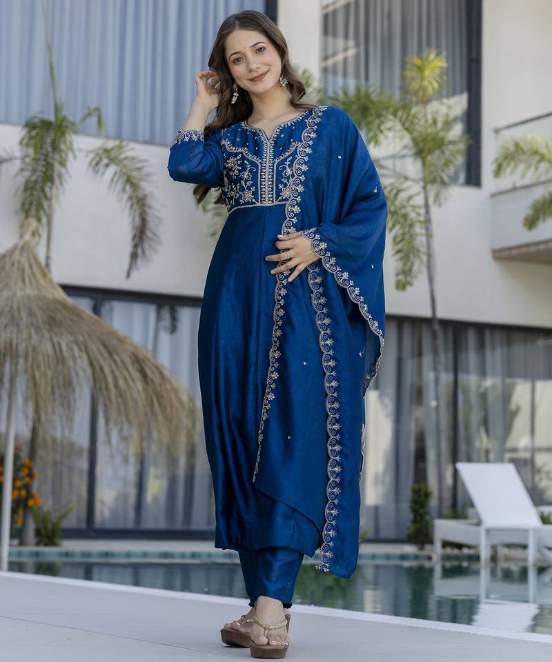 Teal blue vichitra silk blend sequins embroidered kurta set with dupatta
