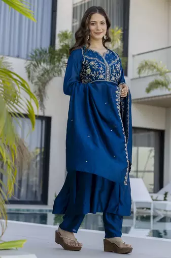 Teal blue vichitra silk blend sequins embroidered kurta set with dupatta