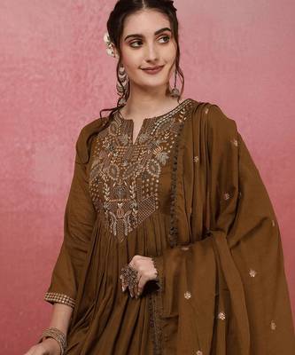 mehendi green chanderi silk blend sequins embroidered kurta set with dupatta 5